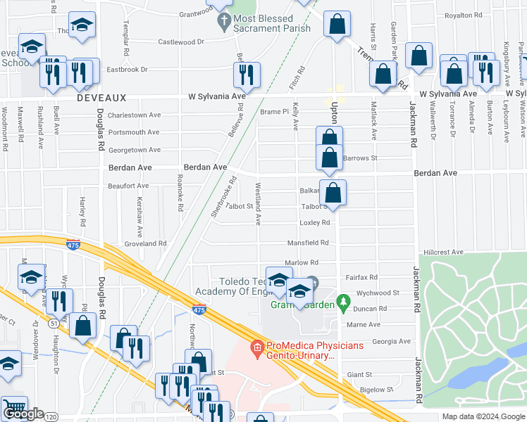 map of restaurants, bars, coffee shops, grocery stores, and more near 2057 Talbot Street in Toledo