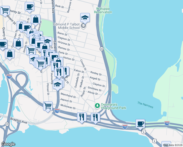 map of restaurants, bars, coffee shops, grocery stores, and more near 92 Angell Street in Fall River
