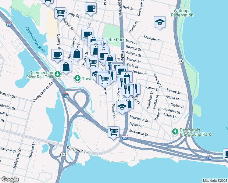 map of restaurants, bars, coffee shops, grocery stores, and more near 83 Raymond Street in Fall River