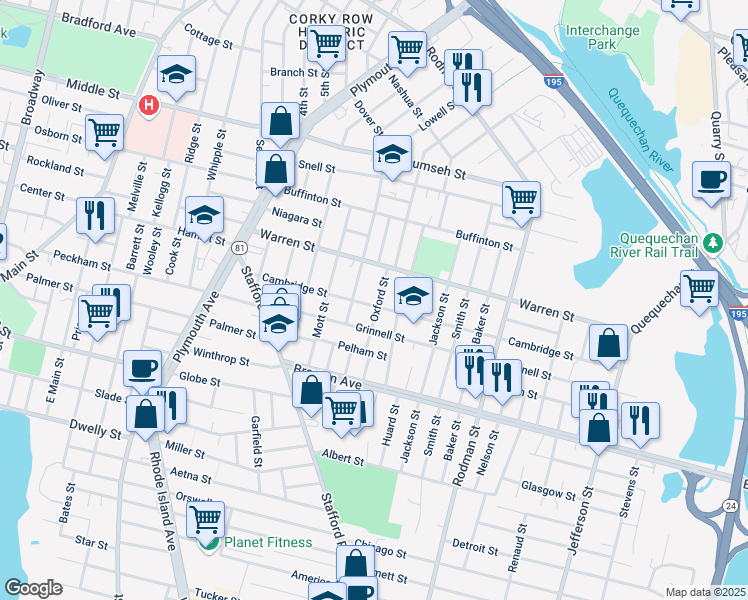 map of restaurants, bars, coffee shops, grocery stores, and more near 118 Oxford Street in Fall River