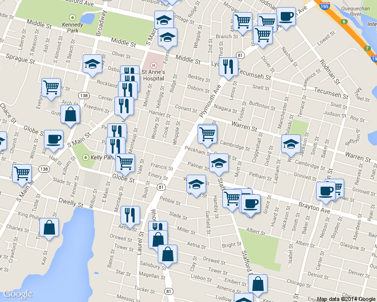 map of restaurants, bars, coffee shops, grocery stores, and more near 1232 Plymouth Avenue in Fall River