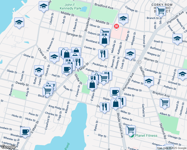 map of restaurants, bars, coffee shops, grocery stores, and more near 303 East Main Street in Fall River