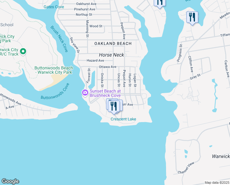 map of restaurants, bars, coffee shops, grocery stores, and more near 825 Oakland Beach Avenue in Warwick