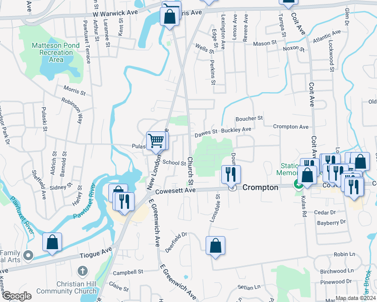 map of restaurants, bars, coffee shops, grocery stores, and more near 75 Church Street in West Warwick