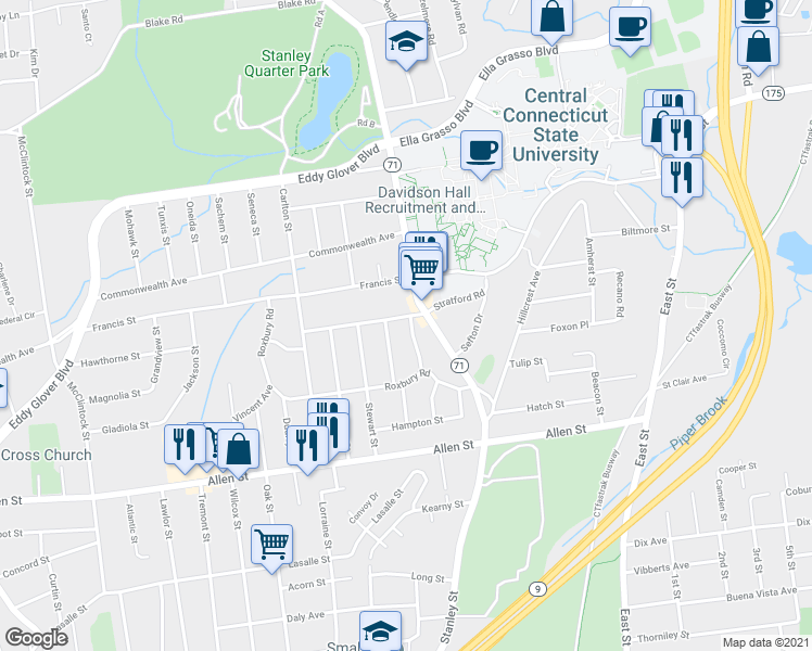 map of restaurants, bars, coffee shops, grocery stores, and more near 41 North Wellington Street in New Britain