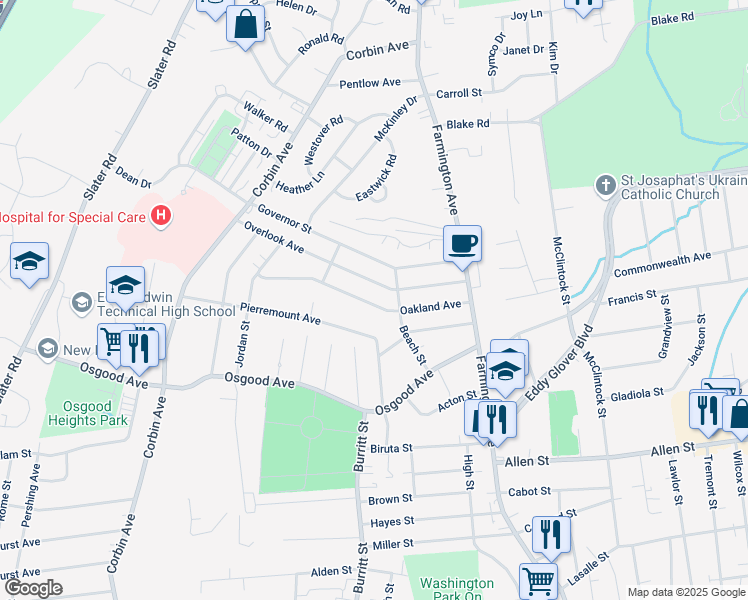 map of restaurants, bars, coffee shops, grocery stores, and more near 120 Oakland Avenue in New Britain
