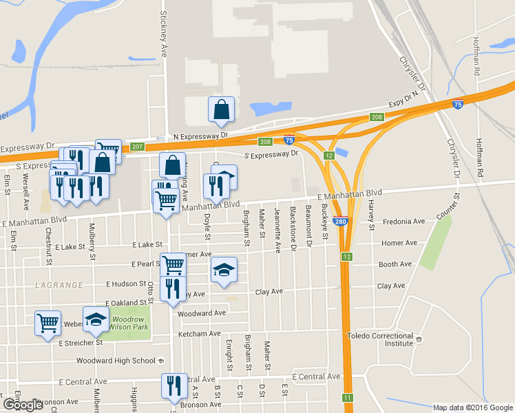 map of restaurants, bars, coffee shops, grocery stores, and more near 1220 East Manhattan Boulevard in Toledo