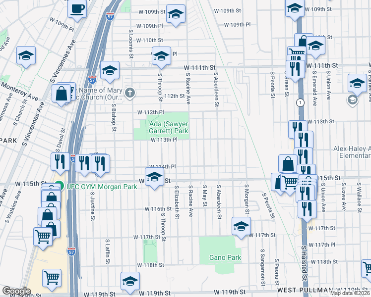 map of restaurants, bars, coffee shops, grocery stores, and more near 11406 South Racine Avenue in Chicago