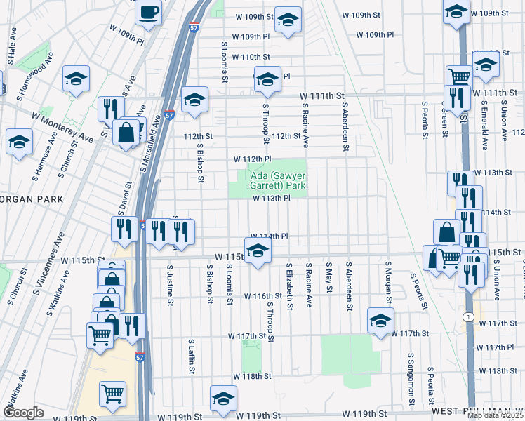 map of restaurants, bars, coffee shops, grocery stores, and more near 11401 South Throop Street in Chicago