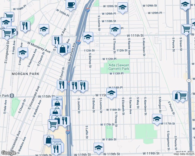 map of restaurants, bars, coffee shops, grocery stores, and more near 11402 South Loomis Street in Chicago