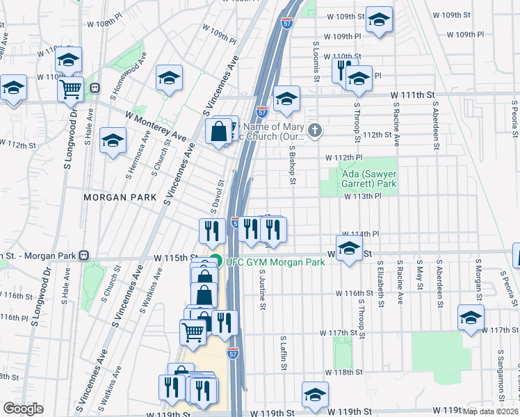 map of restaurants, bars, coffee shops, grocery stores, and more near 11400 South Laflin Street in Chicago