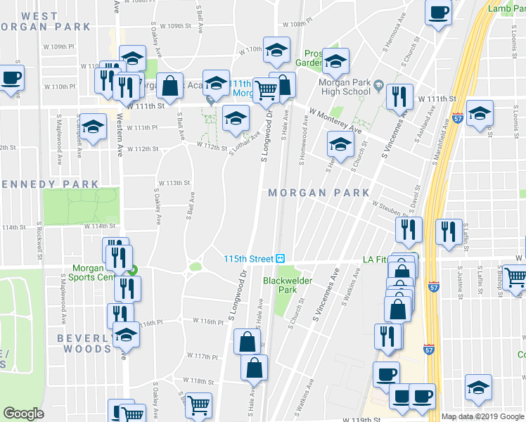 map of restaurants, bars, coffee shops, grocery stores, and more near 11350 South Hale Avenue in Chicago