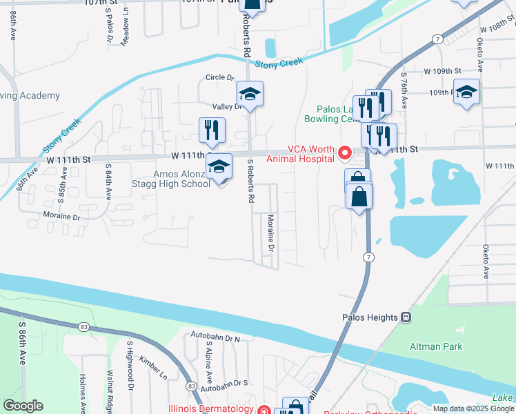 map of restaurants, bars, coffee shops, grocery stores, and more near 7959 112th Place in Palos Hills