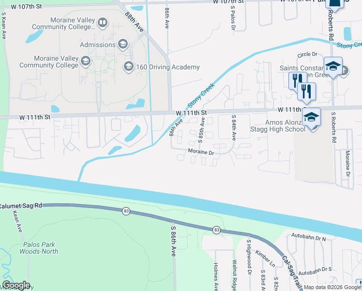 map of restaurants, bars, coffee shops, grocery stores, and more near 21 Cour Leroux in Palos Hills