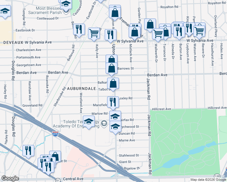 map of restaurants, bars, coffee shops, grocery stores, and more near 3636 Upton Avenue in Toledo