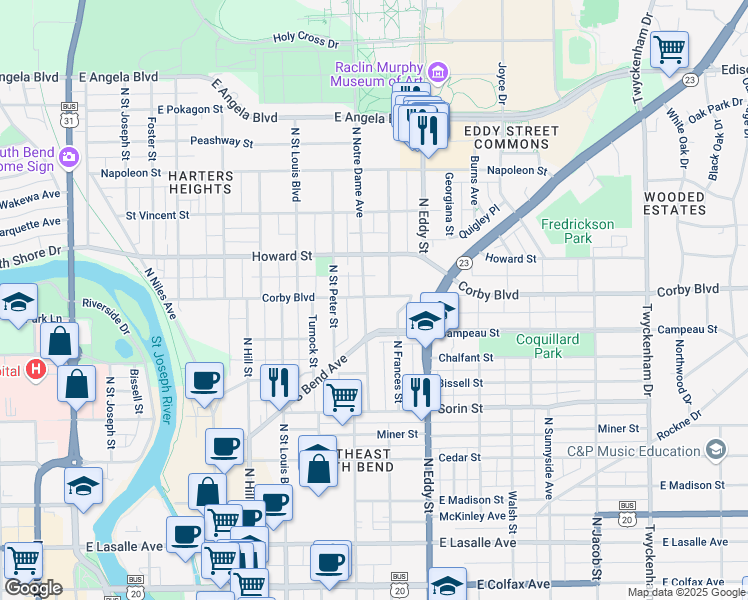 map of restaurants, bars, coffee shops, grocery stores, and more near 906 Corby Boulevard in South Bend