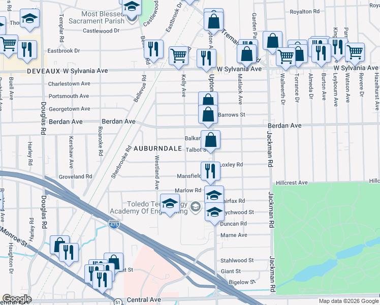 map of restaurants, bars, coffee shops, grocery stores, and more near 2004 Loxley Road in Toledo