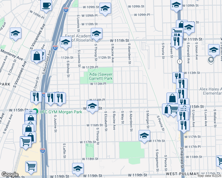 map of restaurants, bars, coffee shops, grocery stores, and more near 11406 South Racine Avenue in Chicago