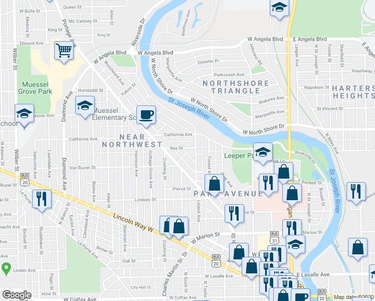 map of restaurants, bars, coffee shops, grocery stores, and more near 826 Ashland Avenue in South Bend