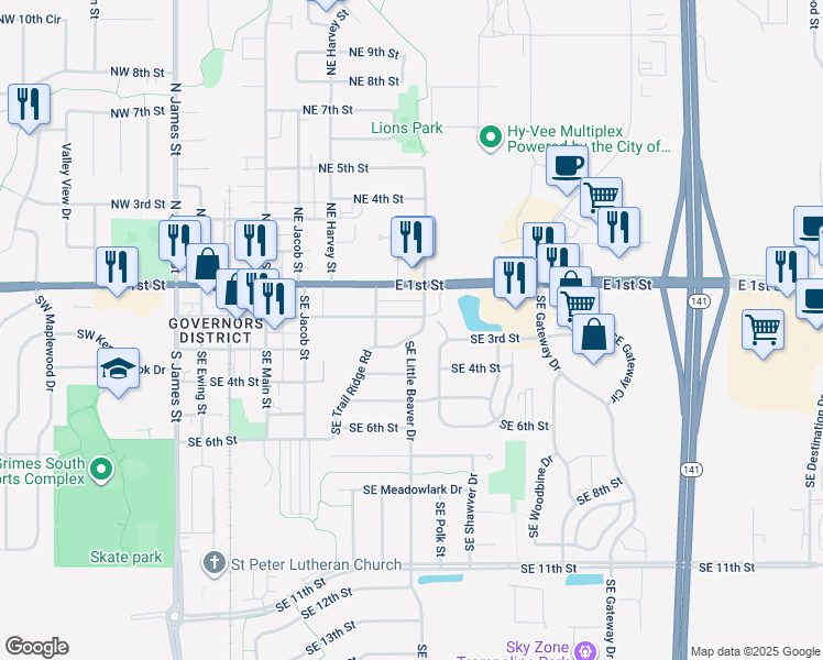 map of restaurants, bars, coffee shops, grocery stores, and more near 717 Southeast 3rd Street in Grimes