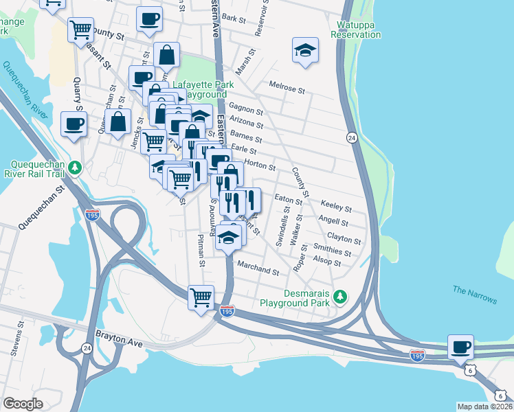 map of restaurants, bars, coffee shops, grocery stores, and more near 140 Irving Street in Fall River