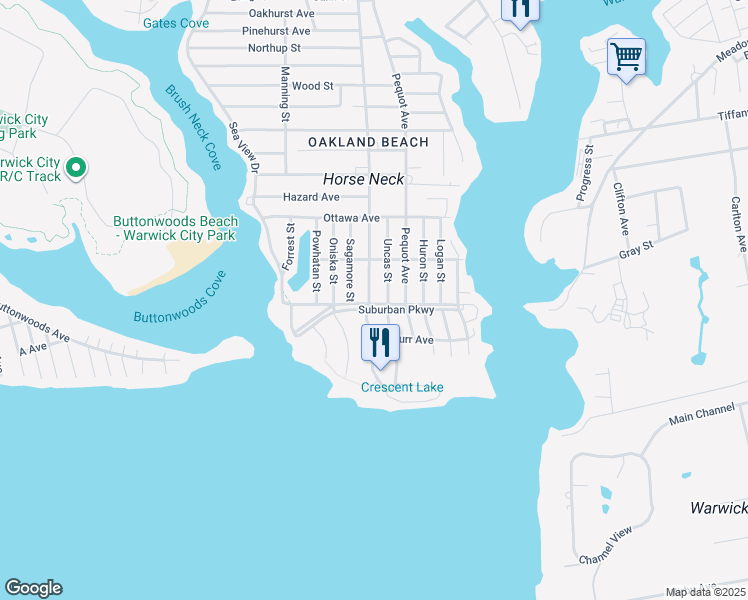 map of restaurants, bars, coffee shops, grocery stores, and more near 825 Oakland Beach Avenue in Warwick