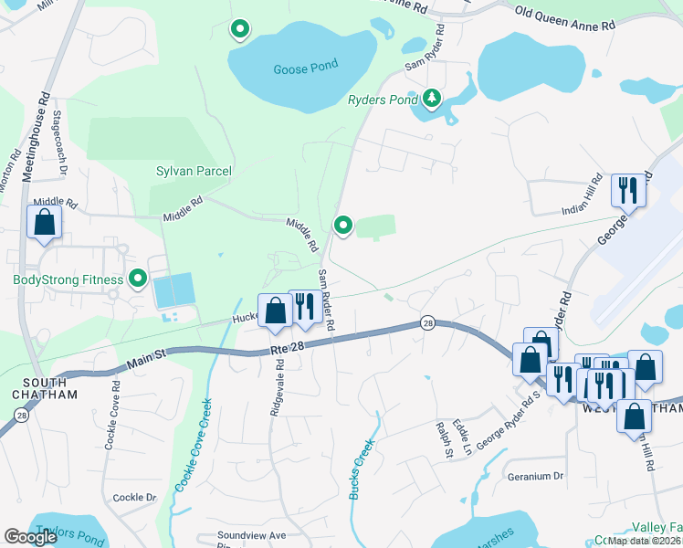 map of restaurants, bars, coffee shops, grocery stores, and more near 36 Jedidiah Way in Chatham