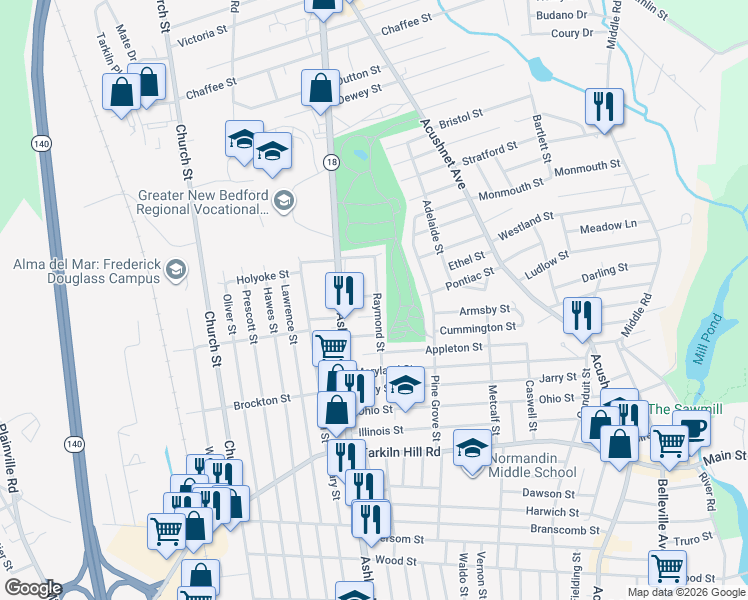 map of restaurants, bars, coffee shops, grocery stores, and more near 254 Florida Street in New Bedford