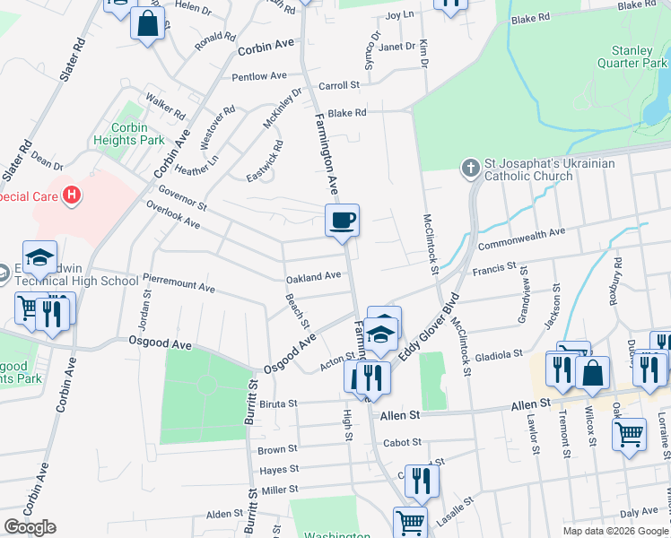 map of restaurants, bars, coffee shops, grocery stores, and more near 322 Farmington Avenue in New Britain