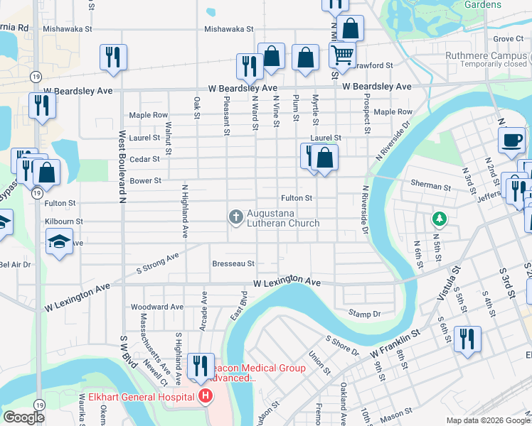 map of restaurants, bars, coffee shops, grocery stores, and more near 123 North Vine Street in Elkhart