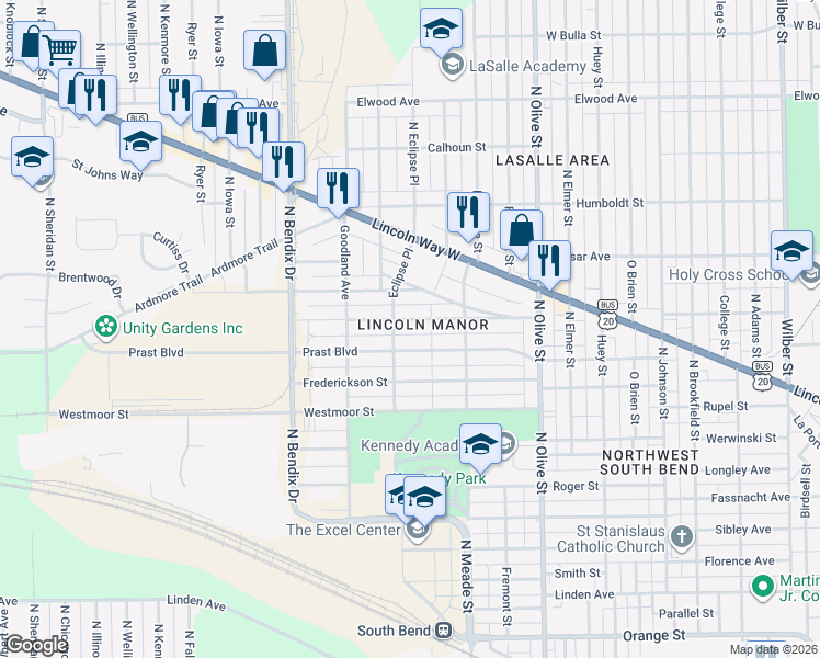 map of restaurants, bars, coffee shops, grocery stores, and more near 2729 Prast Boulevard in South Bend