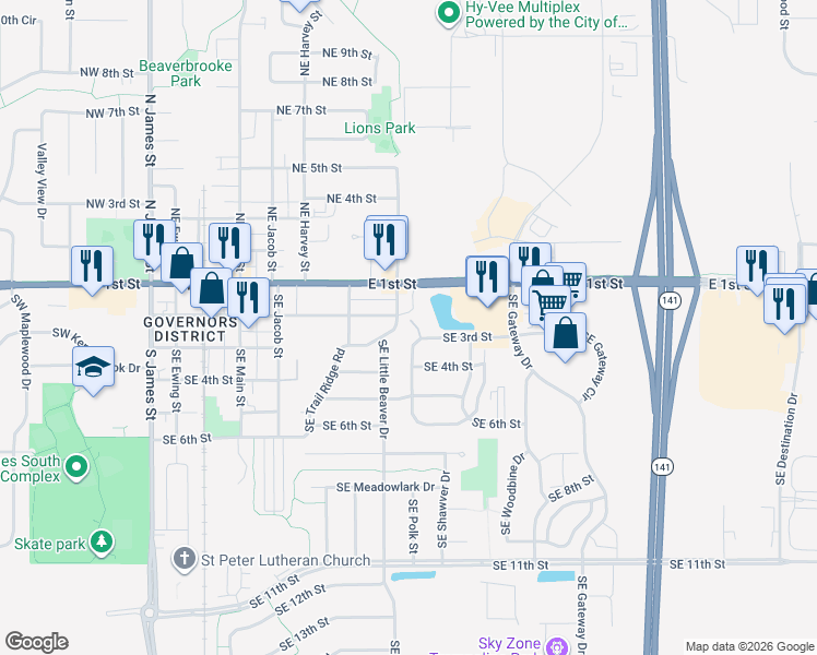 map of restaurants, bars, coffee shops, grocery stores, and more near 278 Southeast Cedarwood Drive in Grimes