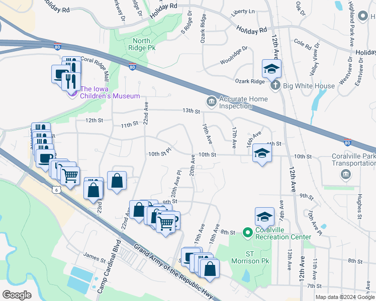 map of restaurants, bars, coffee shops, grocery stores, and more near 2001 10th Street in Coralville