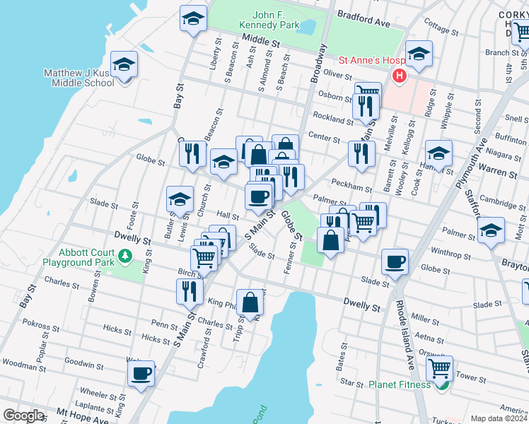 map of restaurants, bars, coffee shops, grocery stores, and more near 1480 South Main Street in Fall River