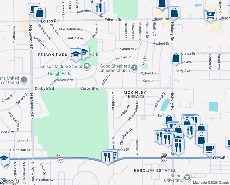 map of restaurants, bars, coffee shops, grocery stores, and more near 815 Woodcliff Drive in South Bend