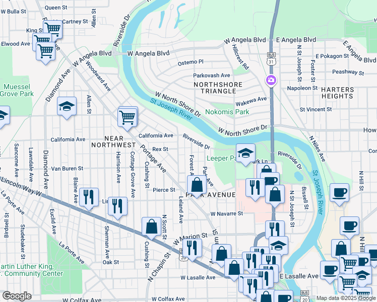 map of restaurants, bars, coffee shops, grocery stores, and more near 849 Forest Avenue in South Bend