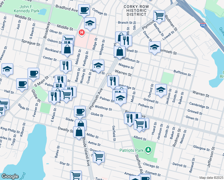 map of restaurants, bars, coffee shops, grocery stores, and more near 548 Palmer Street in Fall River