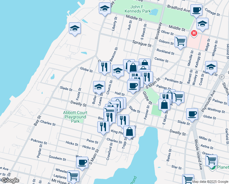 map of restaurants, bars, coffee shops, grocery stores, and more near 608 Slade Street in Fall River