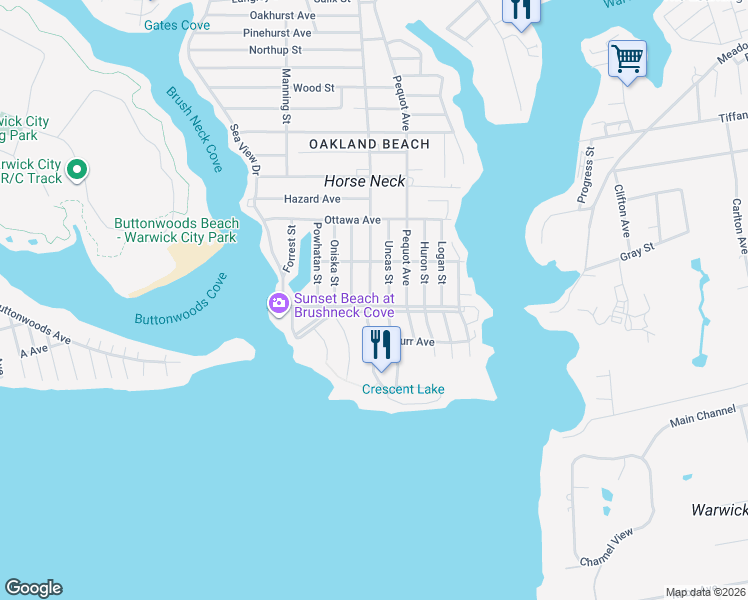 map of restaurants, bars, coffee shops, grocery stores, and more near 825 Oakland Beach Avenue in Warwick