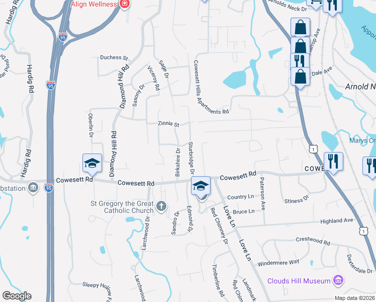 map of restaurants, bars, coffee shops, grocery stores, and more near 160 Birkshire Drive in Warwick