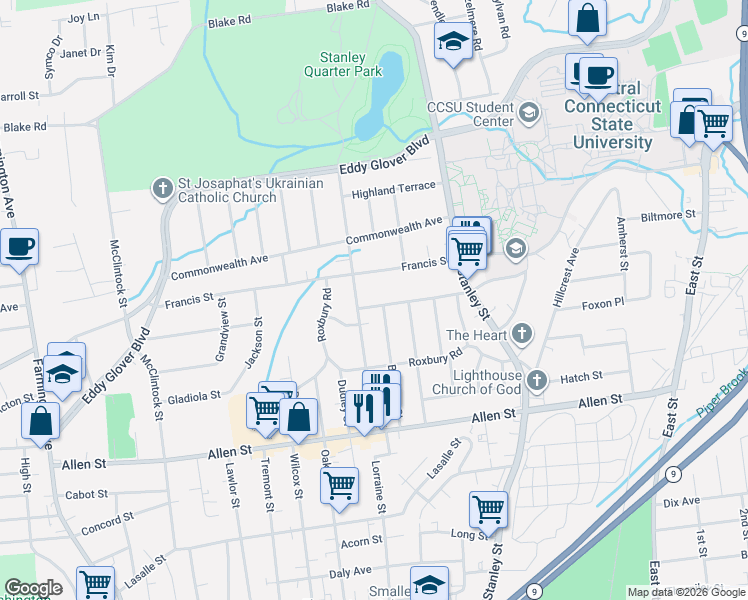 map of restaurants, bars, coffee shops, grocery stores, and more near 134 Brighton Street in New Britain