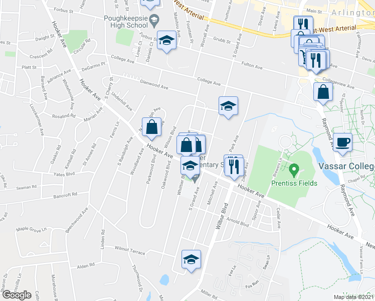 map of restaurants, bars, coffee shops, grocery stores, and more near 254 Hooker Avenue in Poughkeepsie