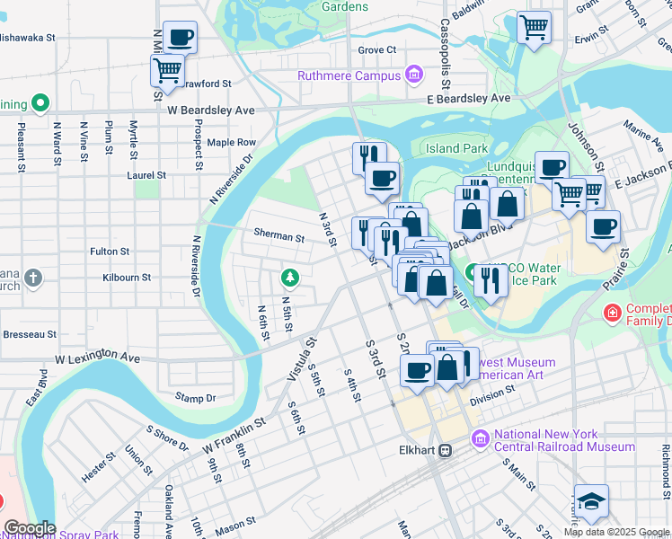 map of restaurants, bars, coffee shops, grocery stores, and more near 310 West Jackson Boulevard in Elkhart