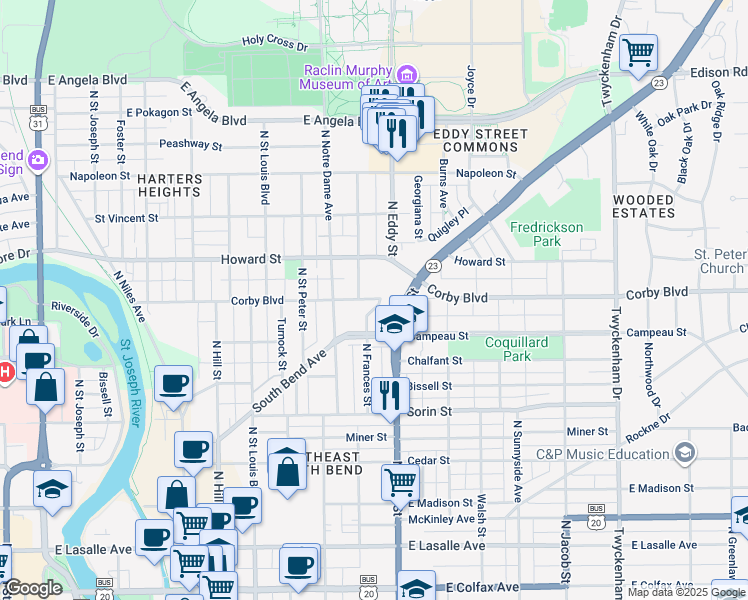 map of restaurants, bars, coffee shops, grocery stores, and more near 822 North Frances Street in South Bend