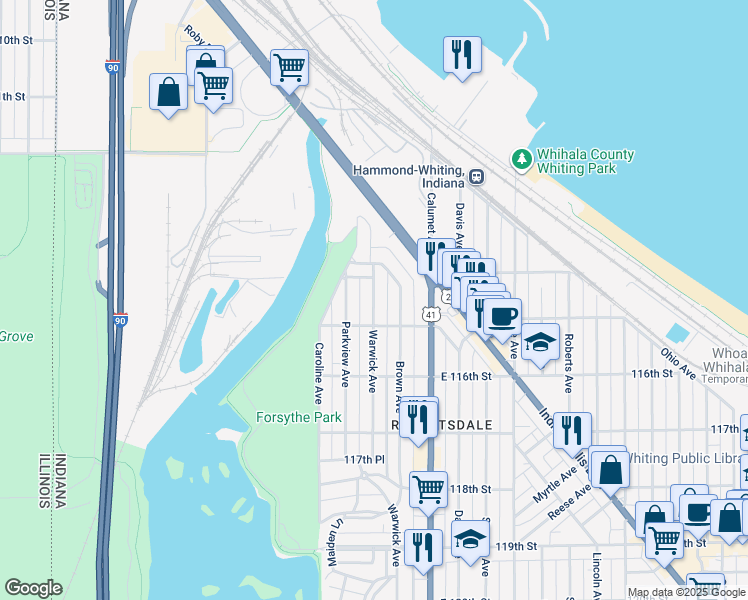 map of restaurants, bars, coffee shops, grocery stores, and more near 1452 Warwick Avenue in Whiting