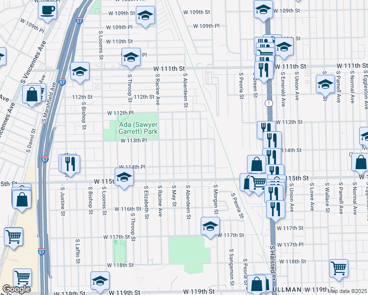 map of restaurants, bars, coffee shops, grocery stores, and more near 11407 South Aberdeen Street in Chicago