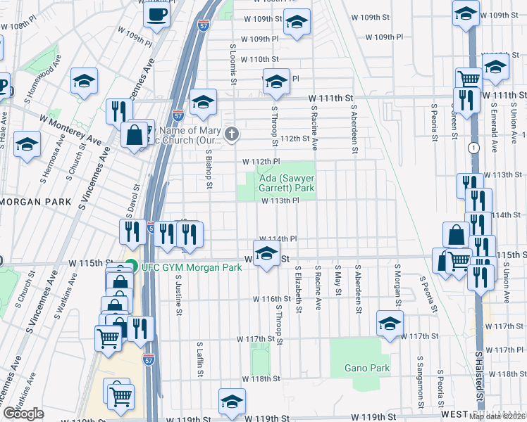 map of restaurants, bars, coffee shops, grocery stores, and more near 11403 South Ada Street in Chicago