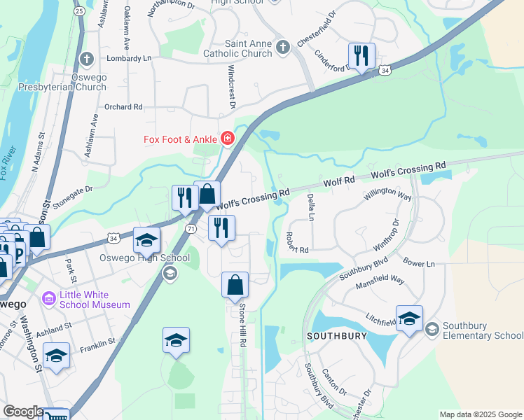 map of restaurants, bars, coffee shops, grocery stores, and more near 10 Stone Hill Road in Oswego