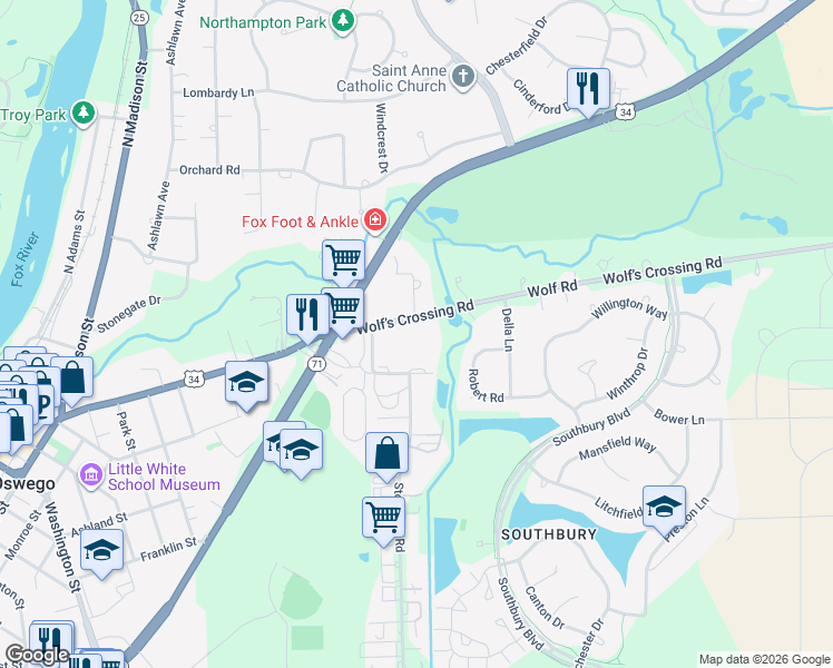 map of restaurants, bars, coffee shops, grocery stores, and more near 10 Stone Hill Road in Oswego