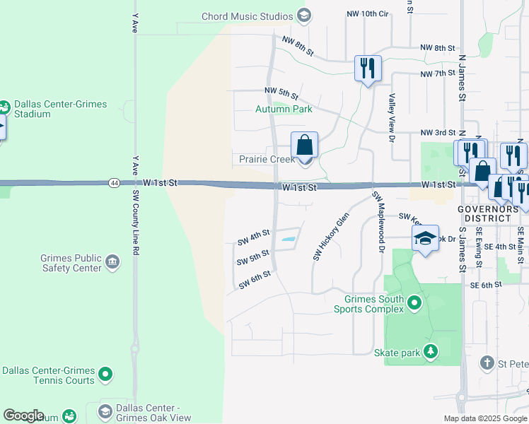 map of restaurants, bars, coffee shops, grocery stores, and more near 1201 Southwest 4th Street in Grimes